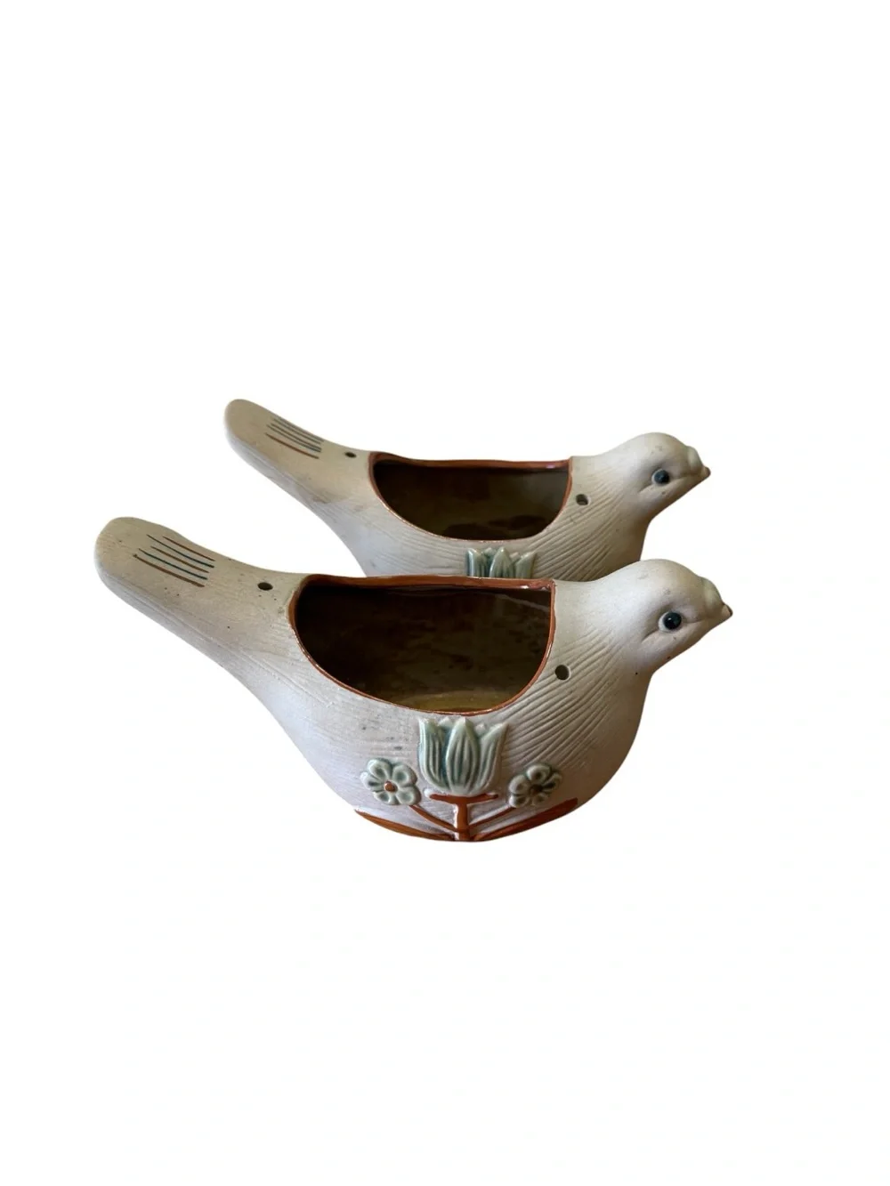 2 VTG 1970’s dove bird clay pottery hanging planter Tulip flower boho folk art